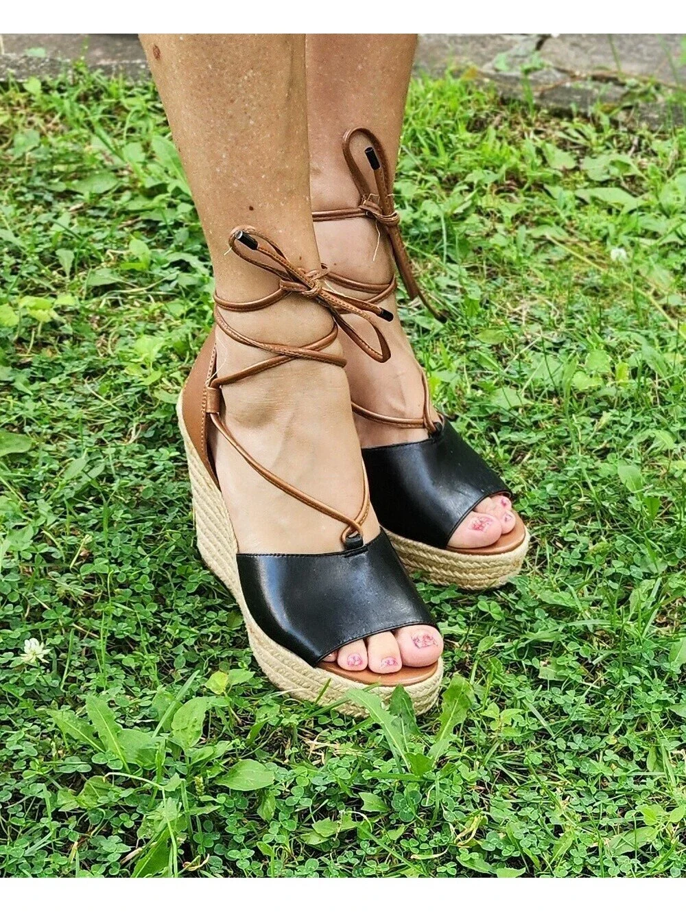 Size 8 - Coach Dana Leather Black and Cognac Open Toe Espadrille Platform Sandal
